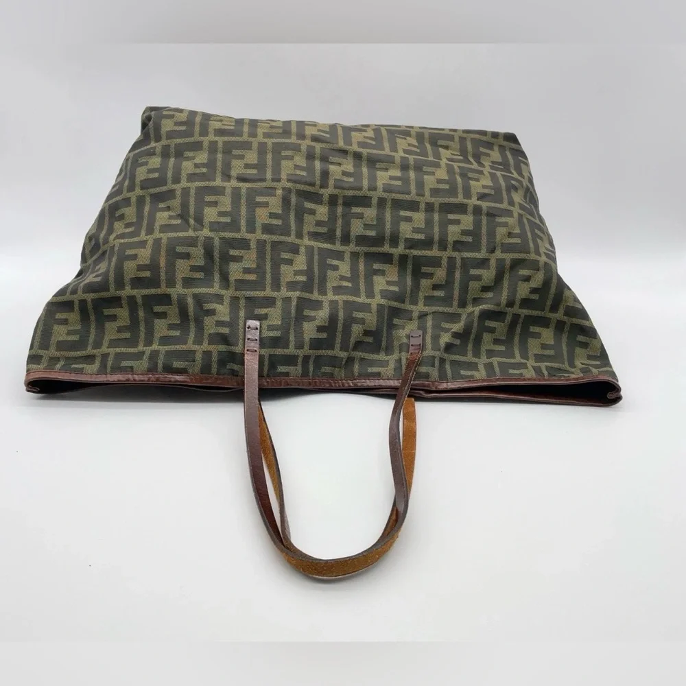 Authentic Fendi Zucca Nylon Leather Khaki Tote Bag W/Pouch